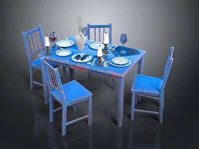 Home Dining Furniture Set With Table Four Chairs Tableware Wine Glasses And Vase 3d model