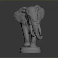 Detailed 3D Rendered Gray Elephant Sculpture Standing With Long Tusks On Base