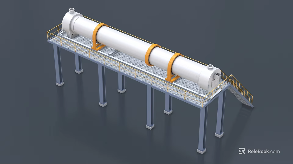 Large Cylindrical Industrial Equipment With Yellow Rings On Metal Support Platform And Staircase 3d model 