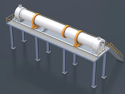 Large Cylindrical Industrial Equipment With Yellow Rings On Metal Support Platform And Staircase 3d model