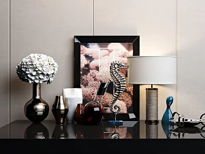 Elegant Decorative Ornament Set with Metallic Vase Seahorse Figurine Table Lamp and Picture Frame 3d model