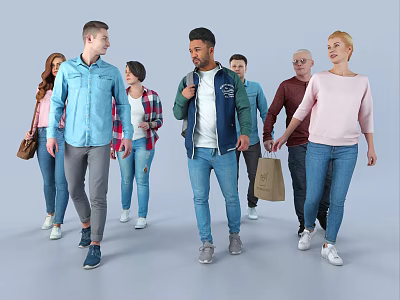 Group of Diverse People Walking Together in Casual Outfits Carrying Shopping Bags 3d model