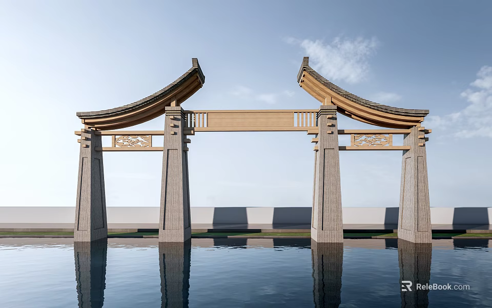 Traditional Stone Archway With Symmetrical Design Water Reflection And Clear Sky 3d model 