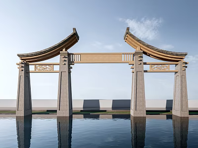 Traditional Stone Archway With Symmetrical Design Water Reflection And Clear Sky 3d model