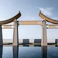 Traditional Stone Archway With Symmetrical Design Water Reflection And Clear Sky