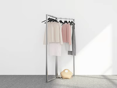 Sturdy Metal Clothes Rack with Beige Pink Grey Clothes and a Handbag 3d model