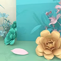 Pastel Colored Floral Display With Light Blue Pink Yellow Flowers Green Leaves And Geometric Background
