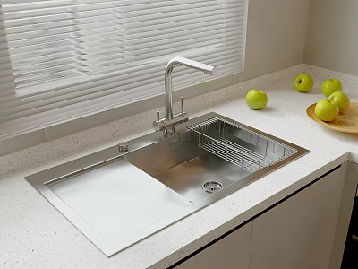 Stainless Steel Kitchen Sink With Faucet And Green Apples On Countertop 3d model