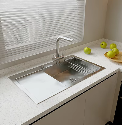 Stainless Steel Kitchen Sink With Faucet And Green Apples On Countertop 3d model