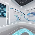 Tech Exhibition Hall With Curved Screen Showing Natural River And Green Mountains