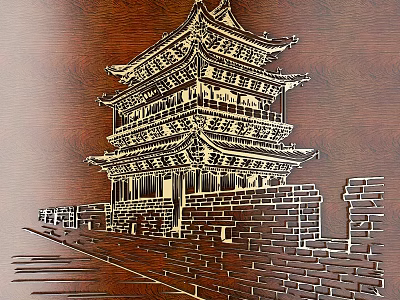 Intricate Carved Chinese Traditional Tower and Ancient Wall on Wooden Background 3d model