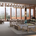 Spacious Sales Office Interior Featuring Large Windows Overlooking Green Trees And Wooden Furniture