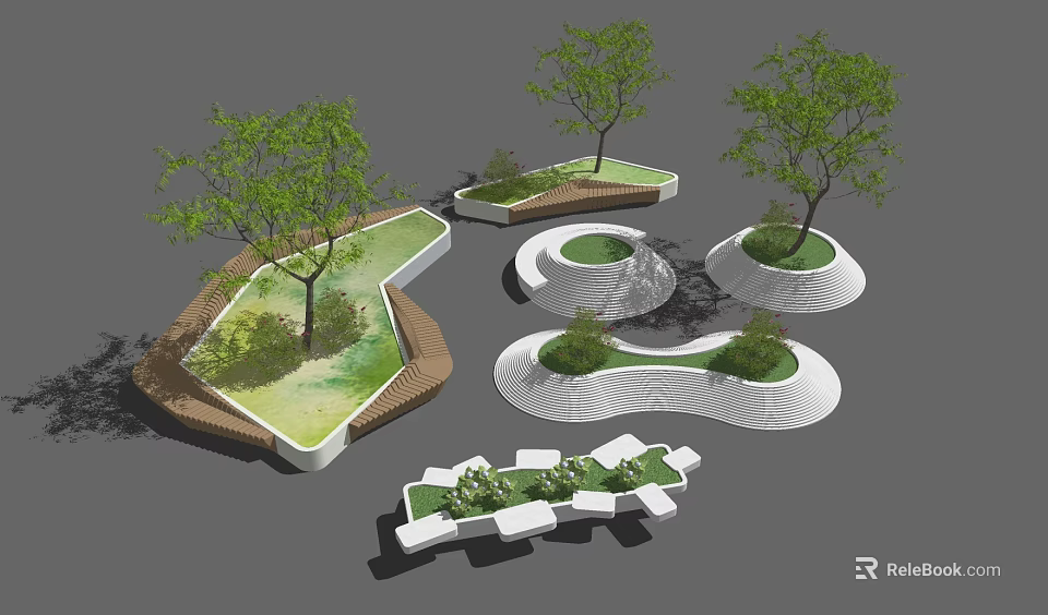 Modern Tree Pit Landscaping Design With Various Shapes And Green Plants 3d model 