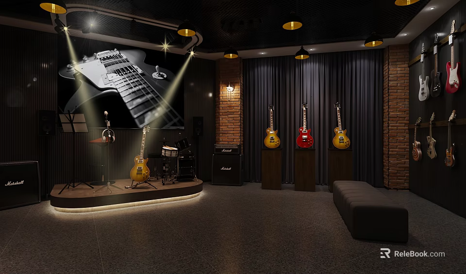 Guitar Store With Display Guitars Stage Sound Equipment Lighting Brick Walls And Dark Curtains 3d model 
