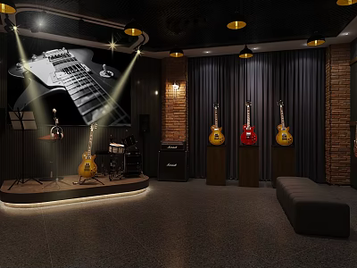 Guitar Store With Display Guitars Stage Sound Equipment Lighting Brick Walls And Dark Curtains 3d model