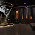 Guitar Store With Display Guitars Stage Sound Equipment Lighting Brick Walls And Dark Curtains