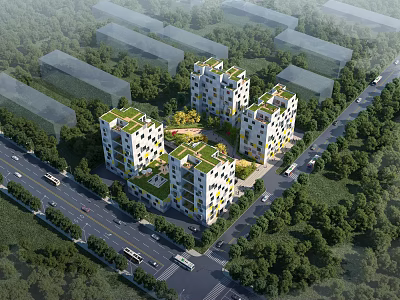 Aerial Planning of Modern Residential Area With High Rise Buildings Green Roofs And Surrounding Greenery 3d model