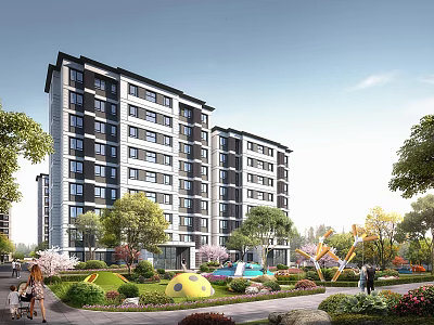 Modern Residential Building Complex With Green Gardens Playground And Lush Trees 3d model