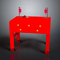 Red Console Table With Golden Handle Drawers And Table Lamps