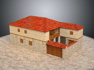 Traditional Two Story House with Red Tiled Roof Beige Walls And Wooden Doors 3d model