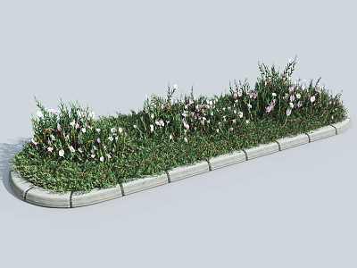 Long Shaped Garden Ornament With Green Grass White Flowers And Gray Stone Border 3d model