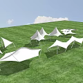 Modern Outdoor Tensile Membrane Structures With Various Shapes On Green Grass