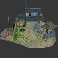 Colorful Cartoon Scene With Blue Roof House Courtyard Orange Trees Round Pond Path And Gazebo