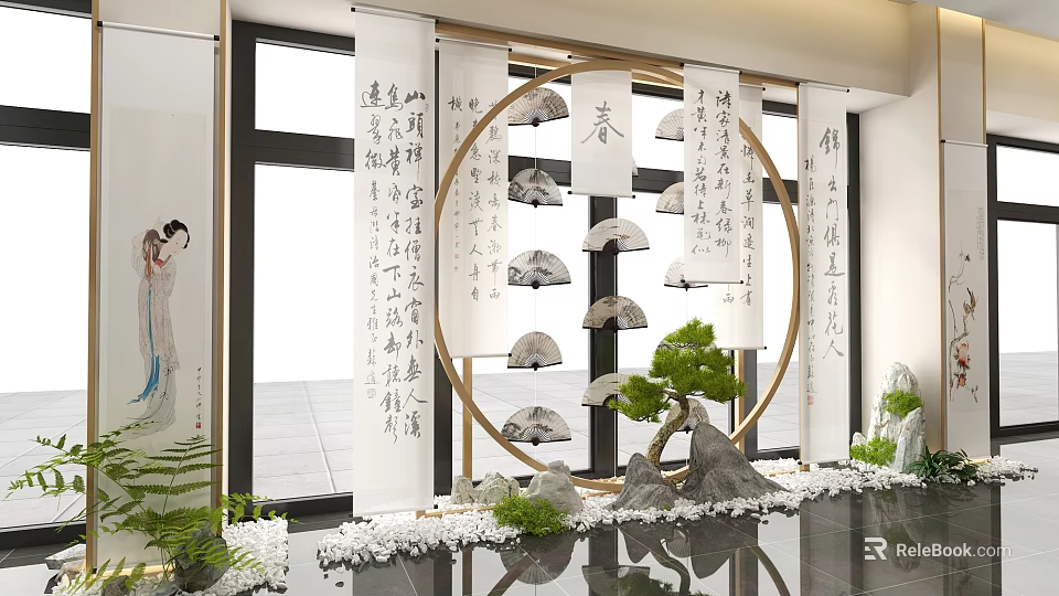 Chinese Style Garden Ornament Featuring Circular Frame Hanging Umbrellas Pine Tree Rockery And White Pebbles 3d model 