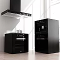 Modern Black Kitchen Appliances With Stove Oven Range Hood And Cabinets