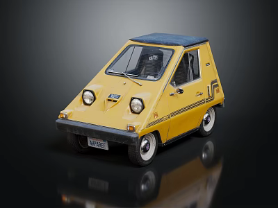 Vintage Yellow Micro Car with Dark Blue Soft Top Round Headlights and Black Stripes 3d model