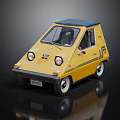 Vintage Yellow Micro Car with Dark Blue Soft Top Round Headlights and Black Stripes