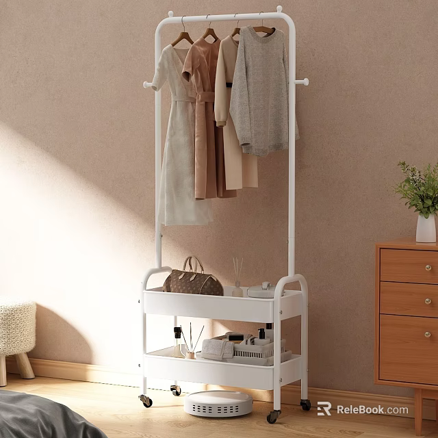 Modern White Multi Tier Clothes Rack With Hanging Garments And Storage Shelves 3d model 