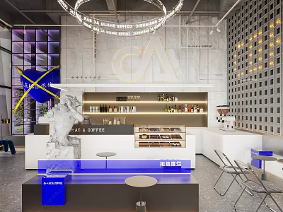 Modern Industrial Cafe Interior With Bar Counter And Art Decor 3d model