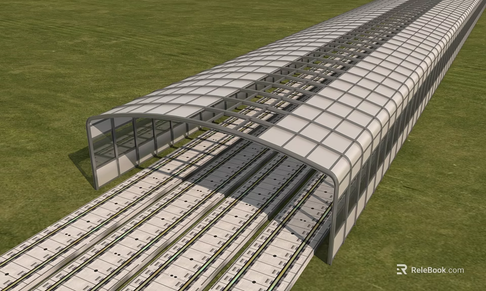 Long Covered Road Infrastructure With Transparent Roof Over Railway Tracks Surrounded By Green Grass 3d model 