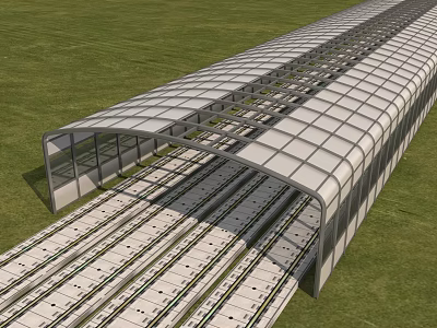 Long Covered Road Infrastructure With Transparent Roof Over Railway Tracks Surrounded By Green Grass 3d model