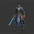 Man Wearing Shiny Blue Armor Holding Glowing Sword with Orange Gloves