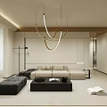 Modern Living and Dining Room Interior With Black Cabinets White Table And Curved Pendant Lights