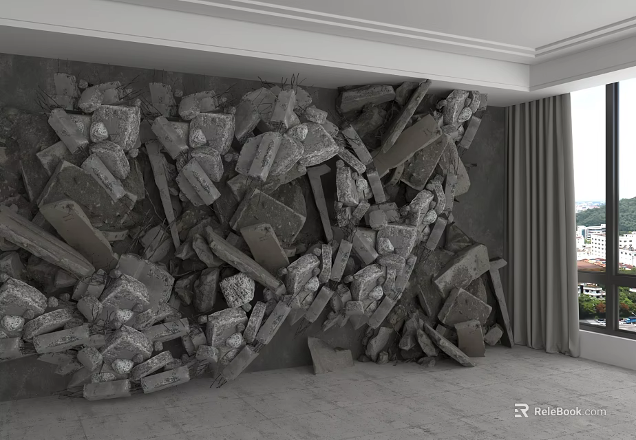Gray Stone Block Background Wall With 3D Fragmented Texture In Modern Interior 3d model 
