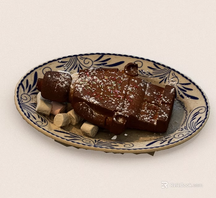 Blue And White Patterned Plate With Chocolate Cake Marshmallows And Powdered Sugar 3d model 