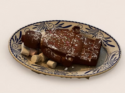 Blue And White Patterned Plate With Chocolate Cake Marshmallows And Powdered Sugar 3d model
