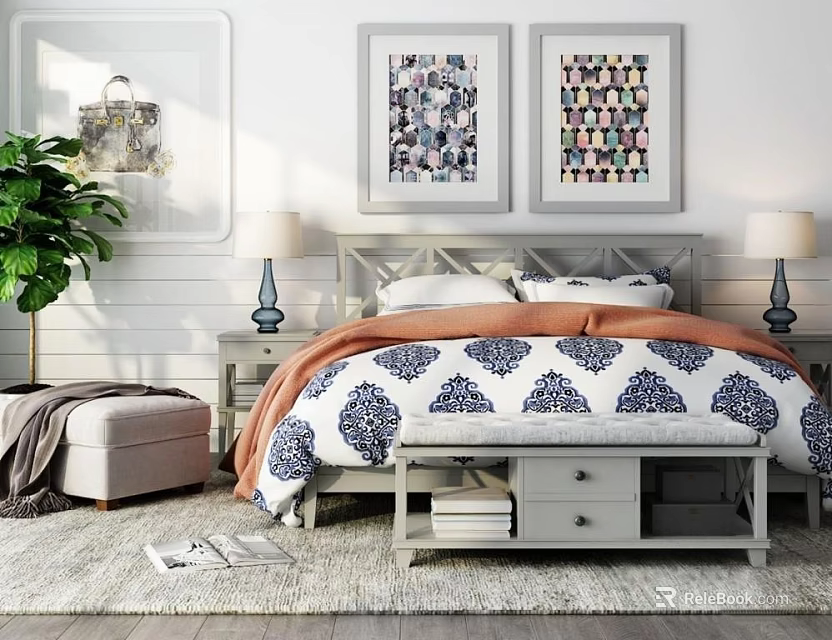 Double Bed With Blue White Quilt Orange Throw Nightstands Table Lamps And Decorative Paintings 3d model 