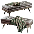 Dark Brown Tufted Leather Ottoman Bench With Green Striped Fringed Blanket