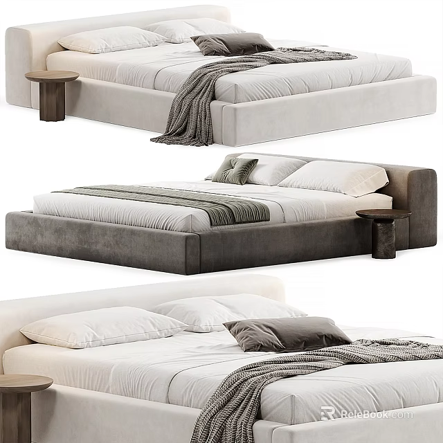 Modern Double Beds With Gray And White Frame Soft Linens Pillows Blankets And Side Stools 3d model 