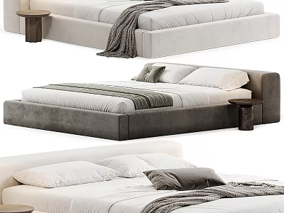 Modern Double Beds With Gray And White Frame Soft Linens Pillows Blankets And Side Stools 3d model