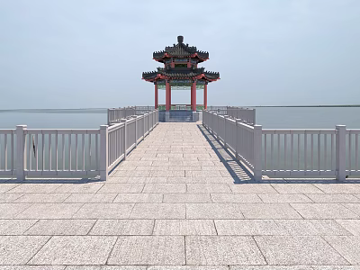 Classical Chinese Garden Landscape Featuring Stone Paved Path Railing And Waterfront Pavilion 3d model