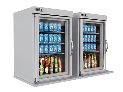Double Door Silver Refrigerators with Glass Doors Stocked with Beverage Cans and Bottles 3d model