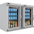 Double Door Silver Refrigerators with Glass Doors Stocked with Beverage Cans and Bottles