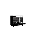 Black Freestanding Double Oven Kitchen Appliance With Knob Controls And Open Doors