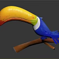 Toucan with Blue Body and Yellow Orange Beak Perched on Orange Branch Against Gray Background
