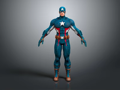 Captain America Game Movie Character Standing In Blue Uniform With White Star And Red Stripes 3d model